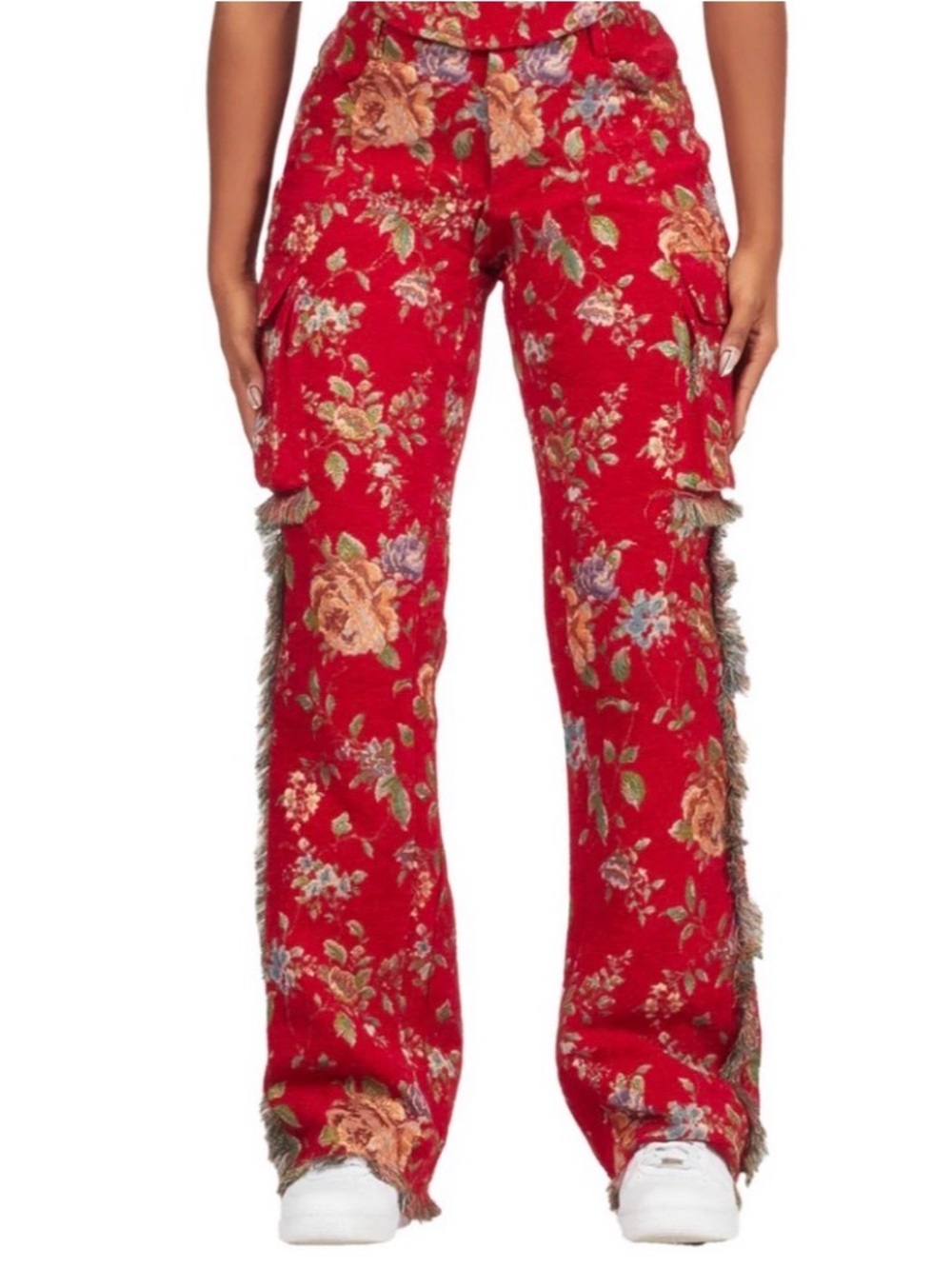 Red Tapestry Wide-Leg Cargo Pants with Fringe Detail. Size S